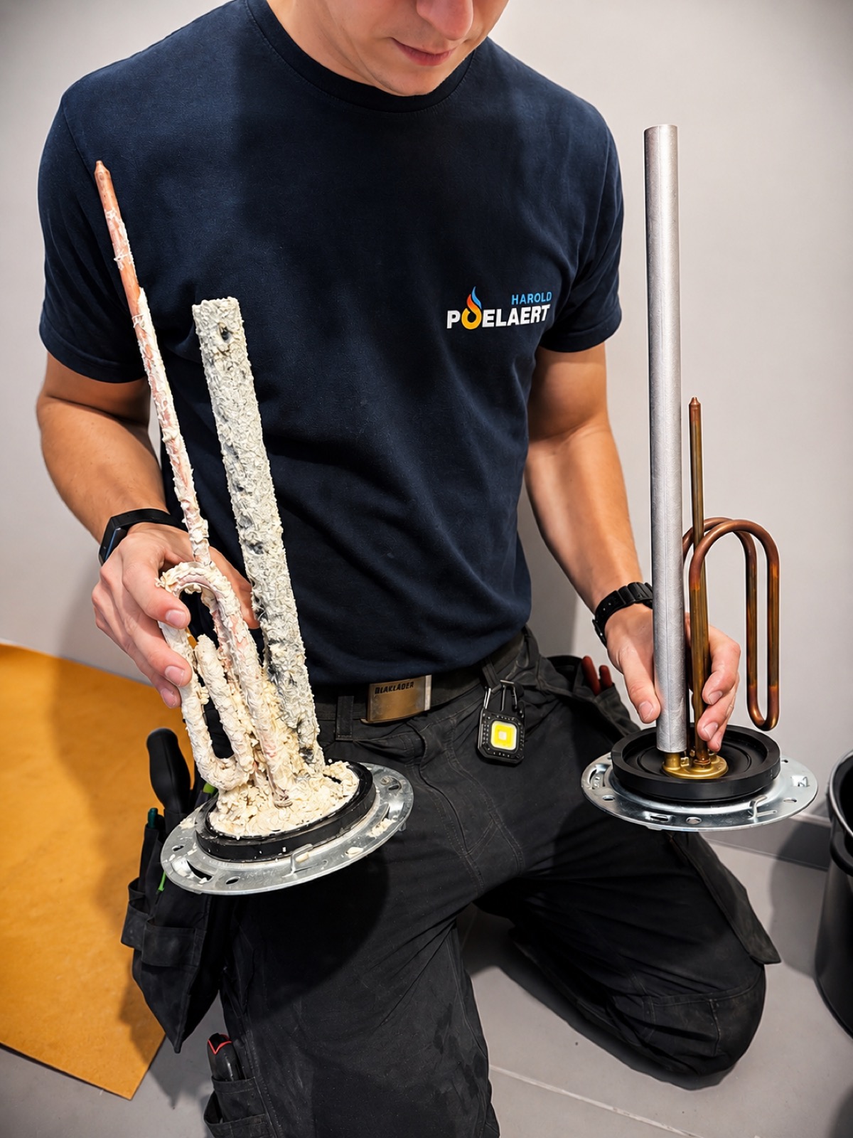 Le technicien tient côte à côte l'ancienne résistance entartrée et la résistance neuve