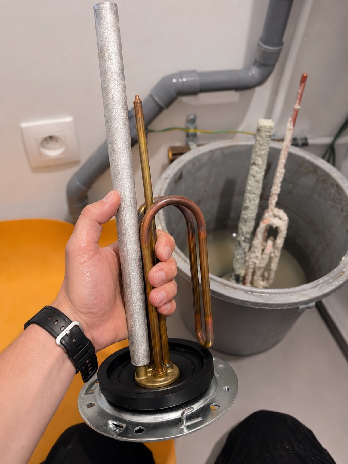 Résistance et anode sorties, anciennes pièces déposées dans le seau d'eau de vidange